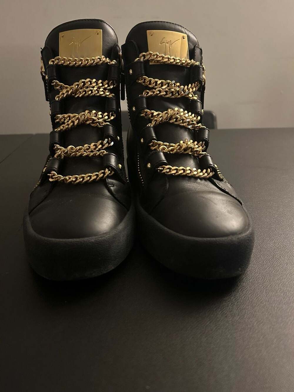 Giuseppe Zanotti Black Leather Gold Chain High Top Sneakers - Picture 5 of 7